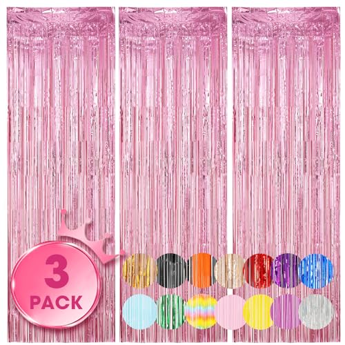Voircoloria 3 Pack 3.3 x 8.2 ft Light Pink Foil Fringe Backdrop Curtains, Tinsel Streamers Birthday Party Decorations, Fringe Backdrop for Graduation, Baby Shower, Gender Reveal, Disco Party - color: 01 Light Pink