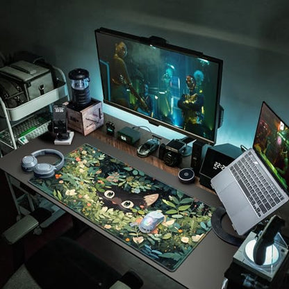 Canjoy Cute Black Cats Anime Mouse pad, 31.5x15.7inch Kawaii Computer Keyboard Mat Extended Large Gaming Mouse Pad with Non-Slip Rubber Base - color: Curious Cat