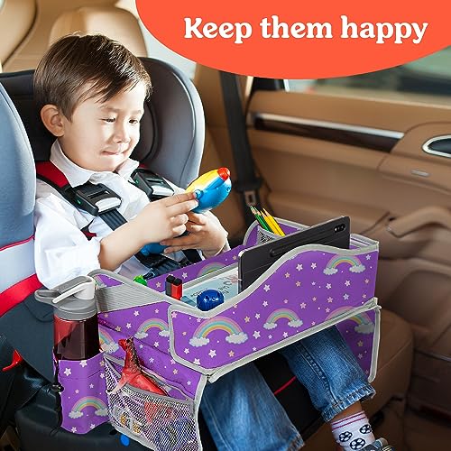 PILLANI Kids Travel Tray for Car - Car Seat Tray for Kids w/ Tablet & Cup Holder - Toddler Travel Activities for Car & Airplane - Road Trip Essentials & Must Haves - Carseat Table Roadtrip Activities - color: Rainbow