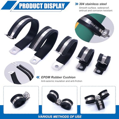 Twidec/270PCS Cable Clamps Assortment Kit 304 Stainless Steel Rubber Coated Cushion Clamps 10 Sizes 1/4" 5/16" 3/8" 1/2" 5/8" 3/4" 1" 1-1/4" 1-1/2" 1-3/4" With Screw For Automotive Wire Pipe Clamps - size: Multi-Size - 270 PCS
