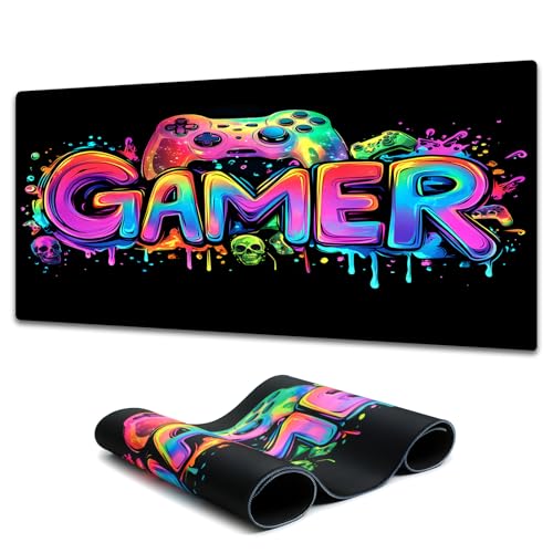 Gamer Gaming Mouse Pad, Blacklight Game Controller Horror Skull Waterproof Large Mouse Mat, 31.5" x 11.8" Skeleton Glowing Extended Non-Slip Rubber Base, Office & Home Keyboard Pad - color: Gamer C