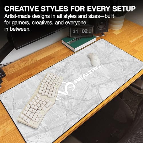 MPCO. Real Tree Large Gaming Desk Pad - 36" x 17" Duraglyde Fabric Edge Snow White – with Logo Desk Mats - Non-Slip, Washable, Smooth Glide for Precision Gaming & Work - color: Duraglyde Edge Snow White – With Logo