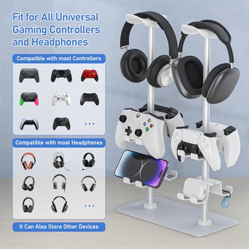 MANMUVIMO Headset Controller Stand for 2 Headset and 8 Controller, Headphone Stand Gaming Controller Holder for PS5 Xbox Airpods Beats Bose, Gaming Room Accessories, Gamer Gifts for Men (White) - size: 2 Headphone 8 Controller Holder White
