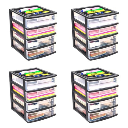 Gracious Living 4 Drawer Desktop & Countertop Organizer w/Organization Lid for Craft Storage, Office Supplies & School Supplies, Black/Clear (4 Pack) - size: 4 Pack