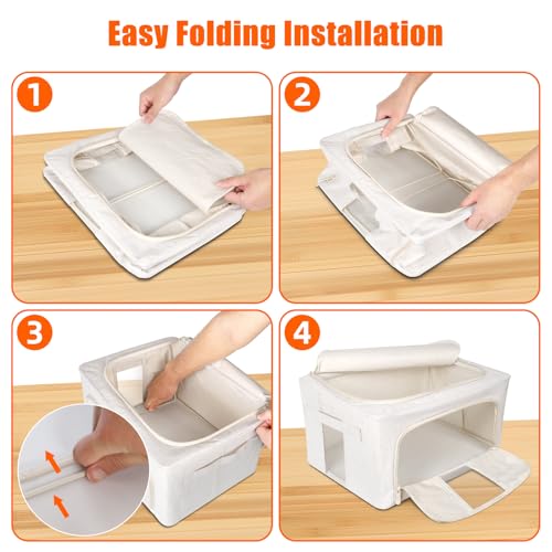 Foldable Clothes Storage Bins with Solid core powder-coated steel fram, 24/ 66L Storage Bags Fabric Box Organizer with Clear Window Zippers Sturdy Handles 2 Pack (Beige, 24L 1Pack) - size: 24L 1Pack