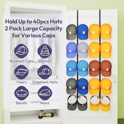 SWTYMIKI Over Door Hat Organizer - 2 Packs Metal Wall Mounted Hat Rack with 5-Tier Dual Hooks Design, Hanging Baseball Cap Organizer Storage Holds up to 40 Caps for Door, Bedroom, Closet - color: Black, style: Double Hook