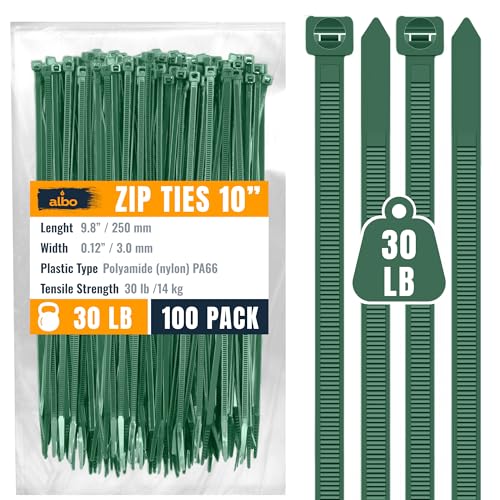 ALBO 10 Inch Green Zip Ties – Green Cable Ties for Indoor and Outdoor Use, UV Resistant Tie Wraps for Wires, Cables, Floral Arrangements, and Garland, 100 Pack - size: 10" Green 100 Pack 30lb
