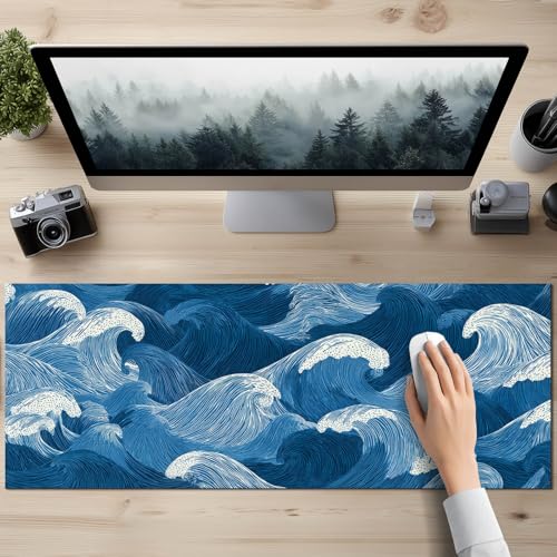 HOMETITUTE Ocean Wave Line Art XL Mouse Pad Gaming Mousepad 31.5x11.8 Inch Non-Slip Keyboard Desktop Protector Mat Diatomite Large Mouse Pad for Home and Office Desk Accessories - color: Ocean Wave Line Art