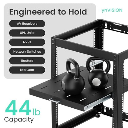 ynVISION.DESIGN 1U Sliding Rack Shelf – 20″ Deep Pull-Out Rack Mount Tray Extends to 35″, Fits 19″ 4-Post Server & AV Racks, Heavy Duty Steel Drawer Shelf, Network Cabinet Rack Shelf, 44 lb Capacity