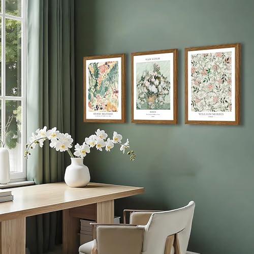 InspiredHues Matisse Van Gogh Morris Canvas Wall Art Set of 3, Sage Green Beige Neutral Flower Wall Decor, Vintage Botanical Art Prints for Living Room Bedroom Office Home Decoration 12x16 Wood Framed - color: Matisse, size: 16"L x 12"W