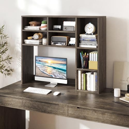 Giantex Desktop Bookshelf, Desk Hutch Dorm w/ 7 Cubes & 3 Adjustable Shelves, Desk Shelf for Up to 27" Computer Monitors, Wooden Desktop Storage Organizer for Dorm College Office Home (Grey Oak) - color: Grey Oak, size: 7 Shelves (31"H)