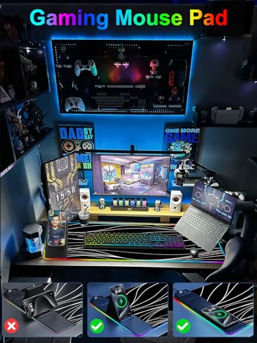 XXL Mouse Pad with Phone Holder - Black, RGB Desk Mat with 15W Fast Charging, LED Gaming Mousepad with 11 Light Colors, Waterproof Non-Slip Pad for Office & Home (Wave) - color: Wave