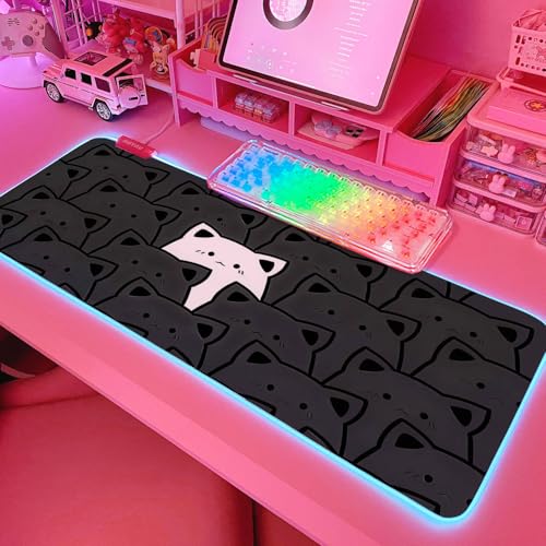 JMIYAV Pink RGB Gaming Mouse Pad 31.5x12 Inch PC XL Large Extended Glowing Led Light Up Desk Pad Non-Slip Rubber Base Computer Cute Mousepad Mat Desk Accessories Gaming Setup Lone Cat - color: Lone Cat