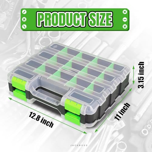 Jack Boss Tool Box with Transparent Lid, Double Side 34-Compartments Organizer Box with Removable Dividers for Hardware, Screws, Bolts, Nails, Beads, Jewelry and Fishing Accessories, Green, 4 Pack - color: Green, size: 4 PACK