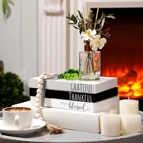 Capoda 3 Pcs Decorative Books for Home Decor Farmhouse Faux Stacked Books Wooden Rustic Table Decor with Bead Garland Twine Ribbon Faux Leaf for Table(Classic) - style: Classic