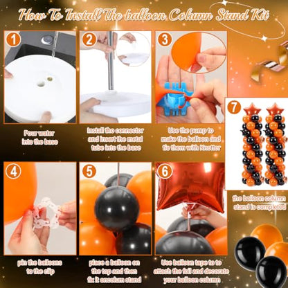Gejoy 110 Pcs Orange Black Balloons Column Stand Kit Adjustable Tower Stand from 1.4 to 6.6 ft with Bases for Back to School Wedding Birthday Baby Shower Party - color: Orange Black