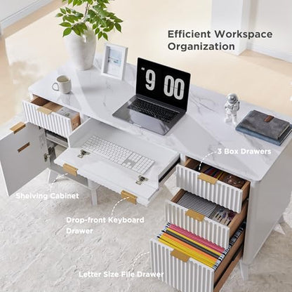 T4TREAM 60'' Fluted Executive Desk with Drawers, Modern Home Office Computer Desk with Charging Station, Keyboard Tray, File Drawer and Storage Cabinet for Study, Living Room, Bedroom, Solid White - color: Solid White