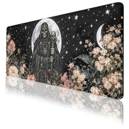 Dark Skull Gaming Mouse Pad Moon Floral Gothic Large Desk Mat with Stitched Edges,Non-Slip Waterproof Rubber Base Mouse Mat Office Computer Keyboard Laptop 31.5"x11.8" - color: Dark Skull