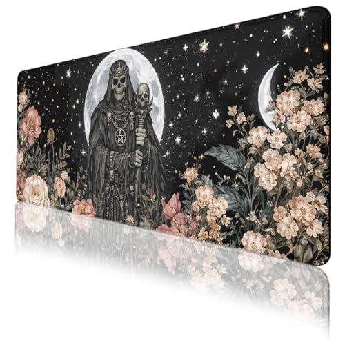 Dark Skull Gaming Mouse Pad Moon Floral Gothic Large Desk Mat with Stitched Edges,Non-Slip Waterproof Rubber Base Mouse Mat Office Computer Keyboard Laptop 31.5"x11.8" - color: Dark Skull