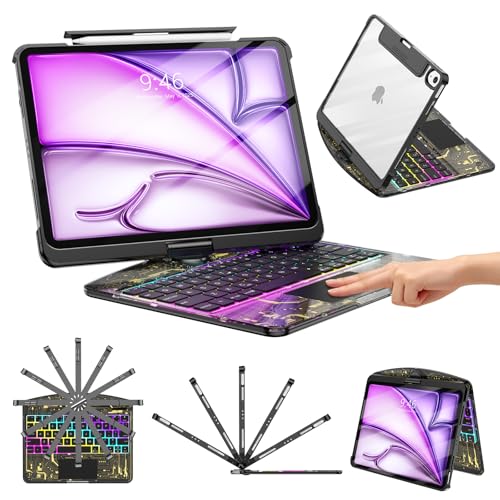 TSQQST Clear Wireless Keyboard Case for iPad Air 13 Inch (M4/M3/M2, 2026/2025/2024)/ iPad Pro 12.9" (6th/5th/4th/3rd Gen), 7-Color Backlit, Pencil Holder & Multi-Touch Trackpad, 360 Rotatable, Black - color: Clear+Black, size: Air13/Pro12.9