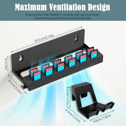 Metal Wall Mount Compatible with Nintendo Switch 2/1/OLED, Switch 2 Wall Mount Kit with Controller Holder, 12 Game Card Holders and 2 for Joy Con Brackets, Safely Store Switch 2 Near TV