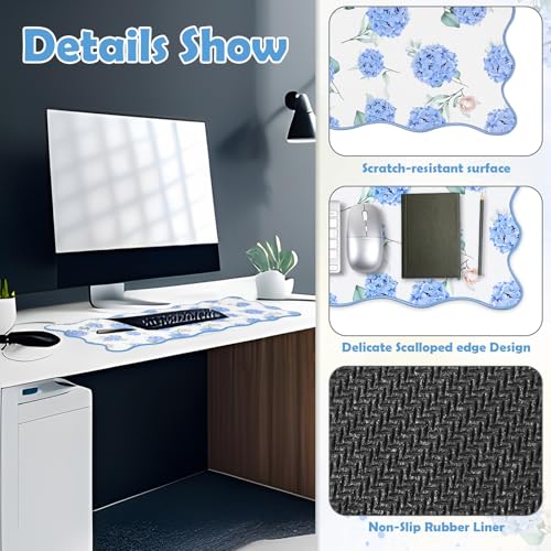 Copkim 1 Pcs Blue Scalloped Hydrangea Desk Mat 31.5 x 11.8 Inch Large Cute Mouse Pad Computer Mat Non Slip Waterproof Rubber Base with Border Stitching Soft Keyboard Pad for Home Office Gaming Makeup - color: Blue, style: Hydrangea