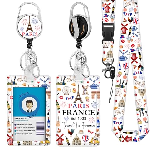 France Lanyards ID Badge, Eiffel Tower ID Badge Holder with Retractable Reel Clip and Keychain, Heavy Duty Vertical Identity Badge Cover Case Protector for Teacher Nurse - color: France-white
