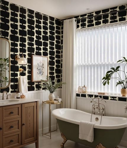 Safiyya 17.3"x197" Peel and Stick Wallpaper Black and Cream White Contact Paper Mid Century Modern Abstract Geometric Wall Paper Self Adhesive Removable Wallpaper for Bathroom and Bedroom Vinyl - color: Black and Cream White, size: 17.3" x 197"