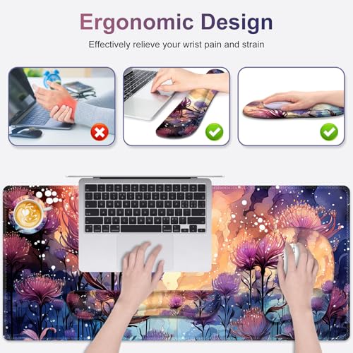4 in 1 Large Mouse Pad, Keyboard Wrist Rest Set, Ergonomic Mouse Pad with Wrist Support, Desk Mat with Stitched Edges, Extended Desk Pad Waterproof Desk Mat for Home Office I Blossom Purple Flower - color: Blossom Purple Flower