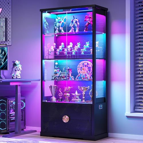 TAGELIER 4-Tier 67" Tall RGB Display Cabinet with Glass Doors and 2 Drawers | Sturdy Curio Cabinet with Adjustable Shelves, Smart Motion Sensor RGB Lights for Living Room, Display Case for Collectibles - color: 97129-black
