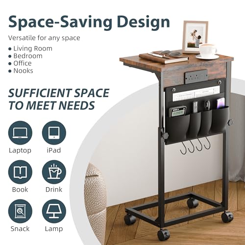 Adjustable Height Couch Table with USB-C Charging Station & Pocket Storage – Compact Couch Stand with Hooks & Wheels for Small Spaces & Living Room, Adjustable C Table (Rustic Brown) - color: Rustic Brown