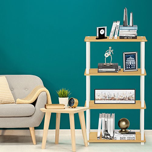 Furinno TURN-S-TUBE Storage Shelves, 4-Tier Book Shelf, Corner Shelf, Toolless Open Shelves, for Organization and Storage, Living Room, Garage, Home Office, Beech - color: Beech/White, size: 4-Tier Square Tube