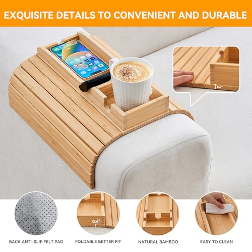 GEHE Bamboo Couch Cup Holder, Anti-Spill Sofa Arm Tray, Natural and Easy to Clean Couch Arm Cup Holder Armrest Tray Perfect for Cups, Beers, Snacks, Remote Control, Drinks - color: New Design-Bamboo