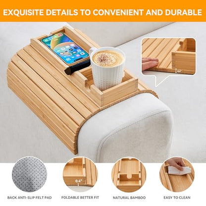 GEHE Bamboo Couch Cup Holder, Anti-Spill Sofa Arm Tray, Natural and Easy to Clean Couch Arm Cup Holder Armrest Tray Perfect for Cups, Beers, Snacks, Remote Control, Drinks - color: New Design-Bamboo