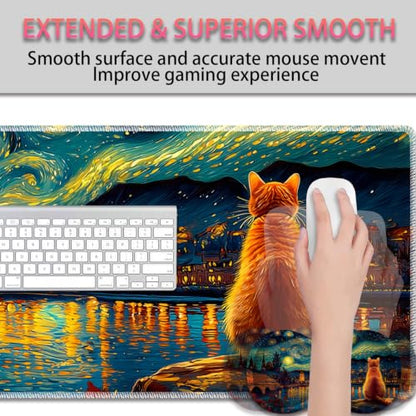 Large Gaming Mouse Pad + Wrist Rest+ Coaster Combo, 31.5 "x 11.8" Durable Non-Slip Extension Table Mat, Suitable for Office and Home, Cat Starry Night Art - color: Cat Starry Night Art