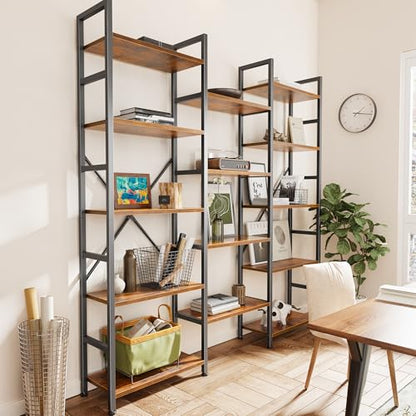 SUPERJARE Triple Bookshelf, Bookcase with 14 Open Display Shelves, Wide Book Shelf Book Case for Home & Office, 5 Tier, Brown - color: Rustic Brown, size: 5 Tier