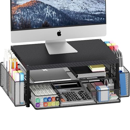 OPNICE Desk Organizer and Accessories, 2-Tier Computer Monitor Stand with Drawer and 2 Pen Holders, Laptop Stand, Office Desk Accessories for Office Supplies, Carbon Fiber - color: Carbon Fiber 1-Pack, size: With Drawer and 2 Pen Holders