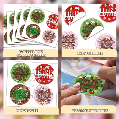 1.8 Inch 80PCS Pixel Miner Theme Gaming Party Decorations Thank You Stickers, Pixel Miner Video Game Birthday Party Decorations Favors Stickers for Boys Kids, Thank You for Coming Party Favors