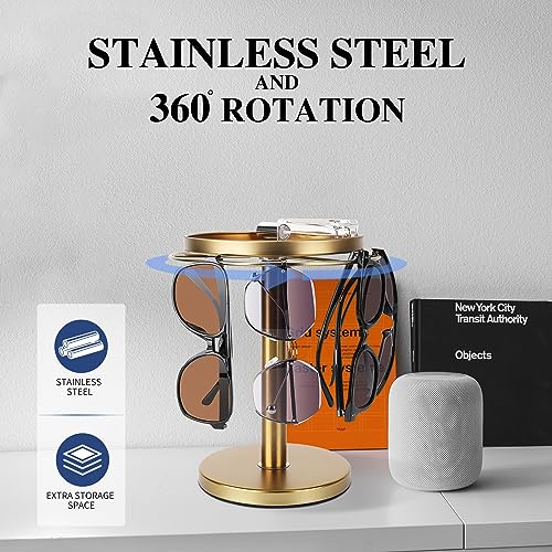 kondyfayo 360° Rotating Sunglass Organizer Storage, Stainless Steel Glasses Holder Stand, Glasses Organizer with Tray for Desk, Dresser, Tabletop, Nightstand and Home Decor (Gold)
