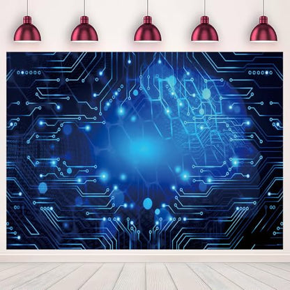 7x5ft Circuit Board Blue Glow Photo Backdrop Tech Theme Sequin Glitter Photography Background Digital Innovation Electronics Event Party Banner Decoration Supplies Polyester - size: 7x5FT
