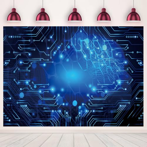 7x5ft Circuit Board Blue Glow Photo Backdrop Tech Theme Sequin Glitter Photography Background Digital Innovation Electronics Event Party Banner Decoration Supplies Polyester - size: 7x5FT