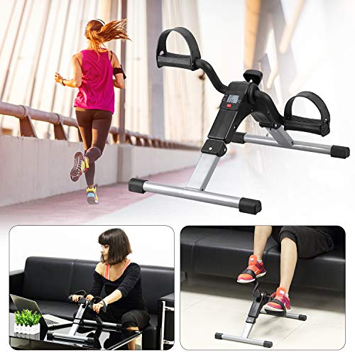 Folding Pedal Exerciser, Mini Under Desk Bike - Portable Foot Hand Cycle Peddler Machine Bicycle Exerciser for Arm Leg While Sitting - color: Silver