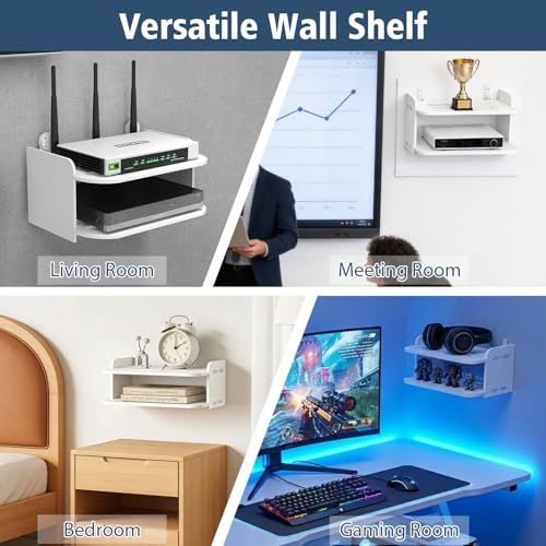 Tissting WiFi Router Floating Shelves White Wall Mount Under TV Shelf 30 x 20 x 15 cm Set Top Box Stand No Punch Game Console Rack for Living Room Bedroom