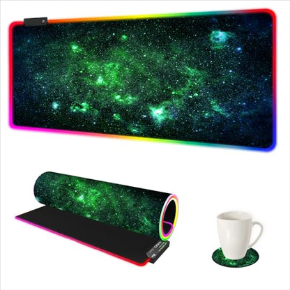 AIMSA RGB Gaming Mouse Pad Extended, Large Led Mousepads Non-Slip Rubber Base with 14 Lighting Modes, Computer Keyboard Mat Soft Desk pad 35.4 x 15.8 inches, Green Star River - color: Green Star River