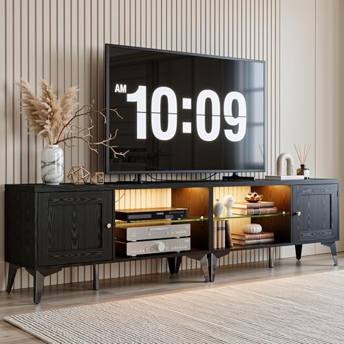 LIKIMIO 2-in-1 TV Stand for 85 Inch TV, Black TV Consoles with LED Lights | 2 Storage Cabinets & Adjustable Glass Shelves, with Charging Station, TV Table for Living Room & Bedroom