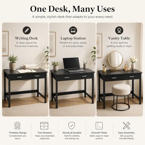 4NM 39.4" Small Desk with Wood Drawers, Home Office Computer Desk with Wooden Legs, Study Writing Table Vanity Desk for Small Spaces - Black - color: Black
