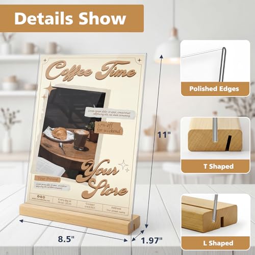 Comix 8.5x11 Acrylic Sign Holder with Wood Base 12 Pack Clear Table Display Stand Vertical or Slant Back Display for Wedding, Restaurant, Store, Office, Hotel - size: 12 Pack 8.5x11 inches (T/L)