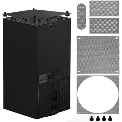 Dust Filter Compatible with Xbox Series X, Accessory Set with 4 Silicone Plugs & 4 PVC Meshes - High-Density Breathable Metal Mesh Top Protection (Black)
