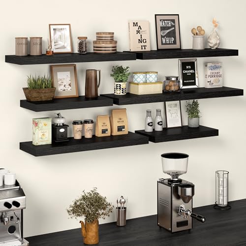 24 Inch Floating Shelves, 12 Inch Deep Floating Shelves for Wall, Extra Deeper & Thicker Wooden Wall Shelf with Invisible Brackets, Shelf for Bedroom Living Room Home Decor（Black, Set of 2） - color: Black, size: 24"W x 12"D x 2"H, Set of 2
