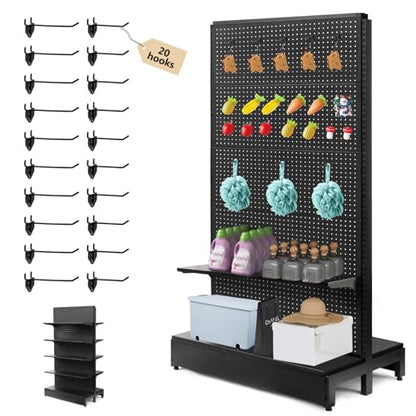 NectaCol Pegboard Display Stand, Gondola Shelf Display for Convenient Grocery Office Supply or Liquor Stores, Standing Pegboard Display Two Sides Peg Board Panels, 20 Hooks, No Including 8 Shelves - size: 1 Unit - Two Sides - Black
